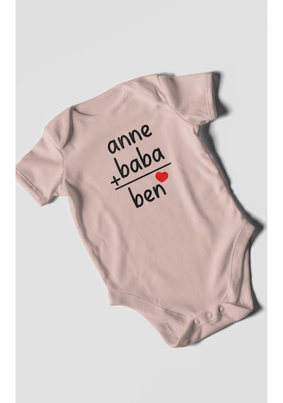 Anne Baba Ve Ben Baskılı Bebek Zıbını Çıtçıtlı Body %100 Pamuk Kısa Kol Pastel Pembe