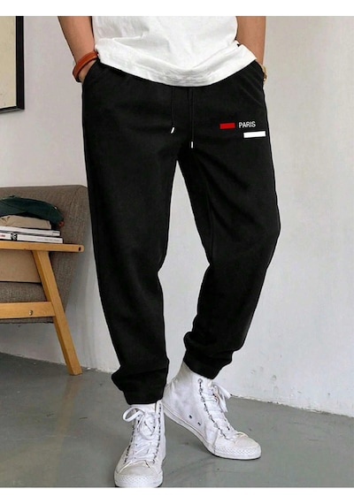 Manfinity Homme Erkek Harf Grafik İpli Bel Eşofman Altı Siyah