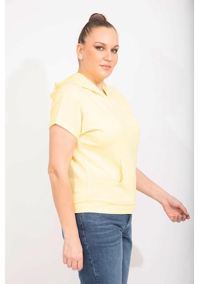 Şans Kadın Sarı Büyük Beden Kapşonlu Kanguru Cepli Kısa Kollu Sweatshirt 65n35613-sarı Sarı