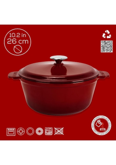 Lava Döküm Yuvarlak Güvec Tencere Döküm Demir Yekpare Kulplu. Çap Ø 26cm.-bordo Bordo