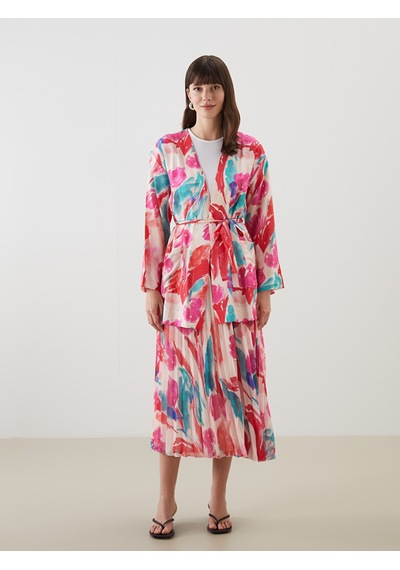 Lcw Modest Pembe Şal Yaka Desenli Oversize Kadın Kimono