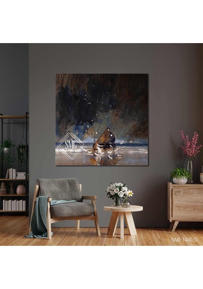 Sahilde Piyano Çalan Kadın Müzik Dekor Kanvas Tablo 100x100 Cm