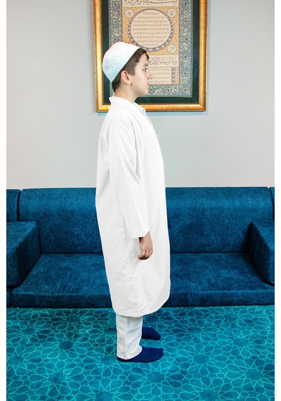 Beyaz Buhara Yaka Namaz Elbisesi Erkek Çocuk Cübbe Beyaz