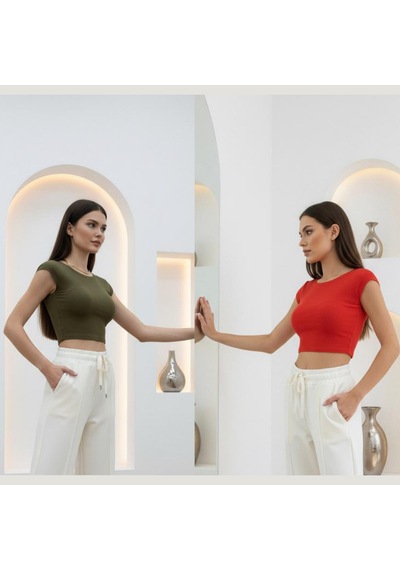 İkili Paket Ay Kollu Crop Kırmızı/haki Çok Renkli