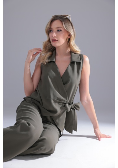 Eseclass Yandan Bağlamalı Tencel Kumaş Bluz Gömlek Haki Haki