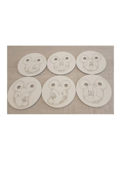 Ahşap Figürlü 6'lı Bardak Altlığı Lazer Kazıma 3mm - Mickey Mouse Ahşap - Beyaz