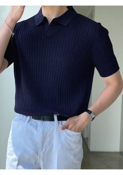 Erkek Fitilli Polo Yaka Triko T-shirt Gri