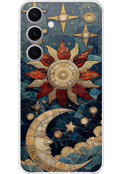 Printify Samsung Galaxy S25 Fe İle Uyumlu Vitray Sol Ve Luna Tasarımlı Şeffaf Silikon Kılıf Şeffaf