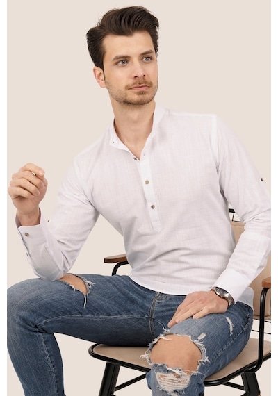 Beyaz Hakim Yaka Üç Düğmeli Slimfit Keten Erkek Gömlek Beyaz