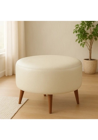 Waterybrook Suni Deri Puf Large - Ceviz Ahşap Ayaklı - Retro Modern Tasarım - Dekoratif Sehpa Krem