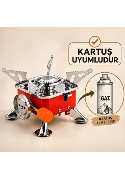 Taşınabilir Mini Portatif Kamp Ocağı Tek Gözlü Kırmızı Renk Kartuşlu Manyeto Çakmaklı Piknik Ocak