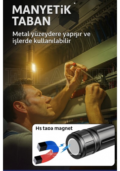 Çift Işık Kaynaklı, Manyetik Tabanlı, Şarj Edilebilir Profesyonel Led El Feneri 7500 Lümen Çok Renkli
