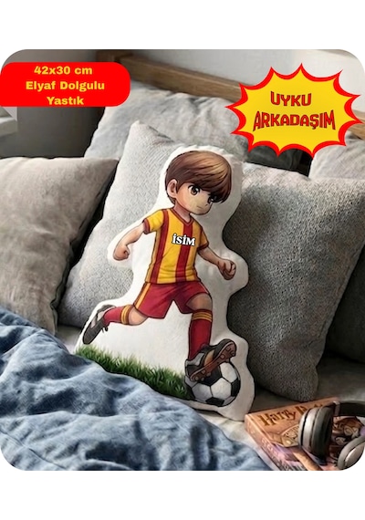 Taraftar Yastık Sarı Kırmızı Formalı Futbolcu Figür İsimli Yastık Çift Yön Baskılı Yastık 42x30cm Kırmızı - Sarı