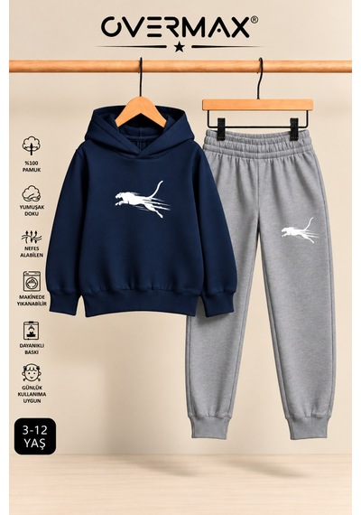 Overmax Çita Baskılı Çocuk Kapüşonlu Sweatshirt Eşofman Takımı- 3-12 Yaş Lacivert - Gri - 934280003 Lacivert - Gri