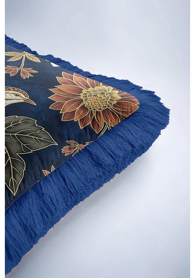 Lüks Vintage Kuş Çiçekli Saçaklı Yastık Kılıfı - Etnik Bohem Lacivert Krem Püsküllü Kırlent Kılıfı Çok Renkli