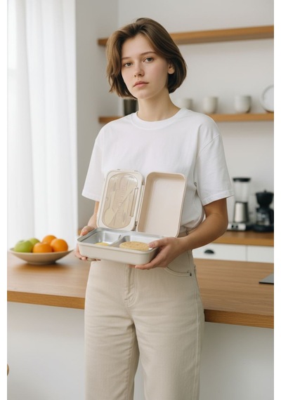 Beslenme & Gıda Taşıma Kabı Sefer Tası 304 Çelik 2 Bölmeli Kilitli Kapak Bej Lunch Box .