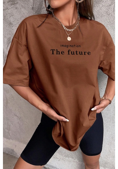 Unisex The Future Baskılı Oversize T-shirt Kahverengi