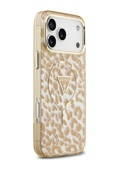 Apple Uyumlu iPhone 17 Pro Max  Kılıf Guess Lisanslı M-safeli Üçgen Logolu Simli Leopar Desenli Kahverengi Kahverengi