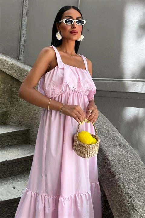 De'charme Etek Ucu Brode Nakışlı Boyundan Bağlamalı Elbise 2881 Pembe