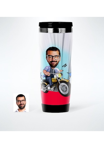 Kişiye Özel Bay Motorcu Karikatürlü Çelik Termos Bardak - 1
