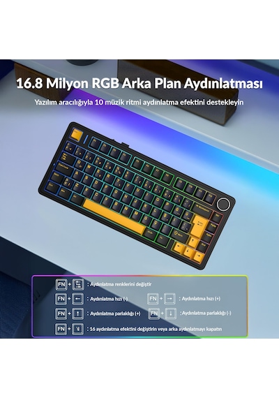 Aula F75 Mekanik Rgb Tkl Graywood V4 Switch Kablosuz Makrolu Hot Swap Türkçe Q Klavye Siyah