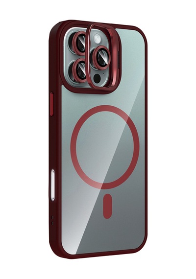Apple iPhone  Uyumlu,  16 Pro Max Remim Lensli Magsafe Standlı Kapak - Bordo