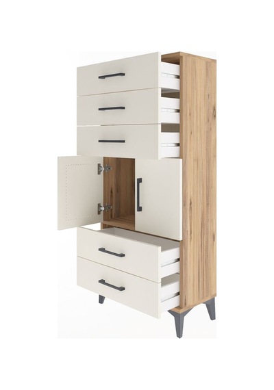 Arges Dolap Tek Raflı 5 Çekmeceli 2 Kapaklı 60x30x134 Çam-aytaşı Atlas Çam
