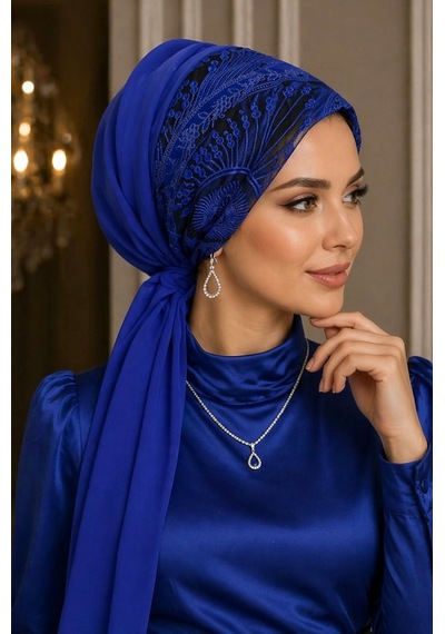 Saks Mavi Abiye Tokalı Bone / Hazır Duvak