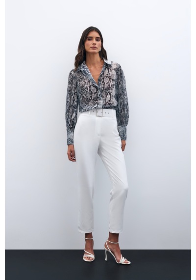 Sateen Yüksek Bel Kemerli Pantolon - Ekru