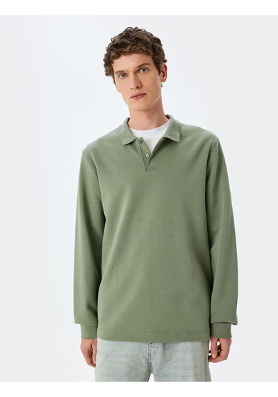 Koton Pamuklu İnterlok Kumaş Polo Yaka Sweatshirt Haki 5sam70003mk Haki