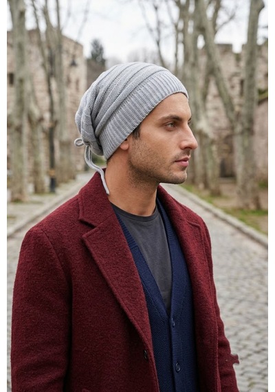 Ritagarcia Unisex Arkası İpli Büzgülü Triko Bere Kışlık Dökümlü Slouchy Beanie Bere Gri