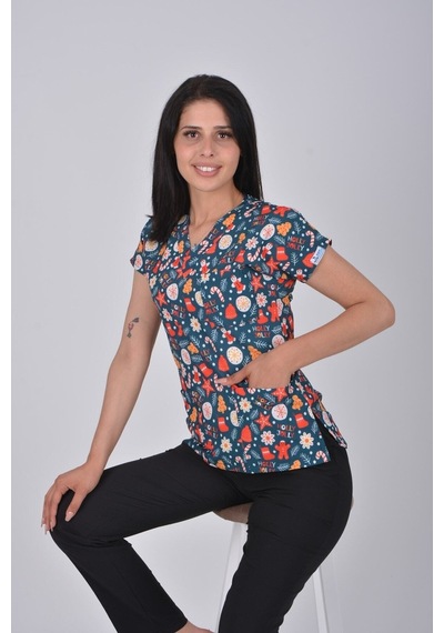Unisex Doktor Hemşire Forması Yılbaşı Desenli Likralı Tek Üst Scrubs Forma Karışık Karışık