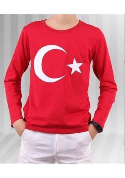 Unisex Türk Bayraklı Uzun Kol T-shirt-8924 Kirmizi