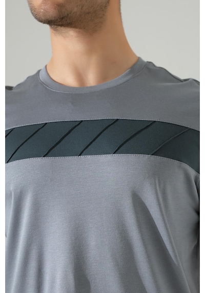 Erkek İki Renk Parçalı Bisiklet Yaka T-shirt - Pamuklu Tişört Gri