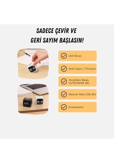 Gt-1 Pomodoro Zamanlayıcı Küp, Flip Timer, Öğrenci Ders Çalışma Saati, 5/10/30/60 Dk & Özel Geri Sayım, Usb Şarjlı, Sessiz/titreşimli Alarm, Mutfak Kronometresi - Siyah