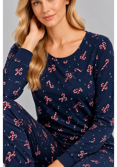 Pijamask Kadın Lacivert Baston Şeker Desenli Pamuklu Pijama Takımı Lacivert