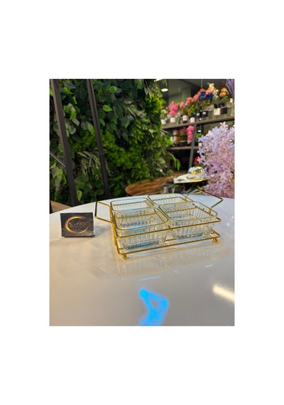 Ars Paşabahçe Frezya Yaldızlı Kare Kase, Metal Gold Standlı 4'lü Çerezlik, Sunumluk, Kahvaltılık
