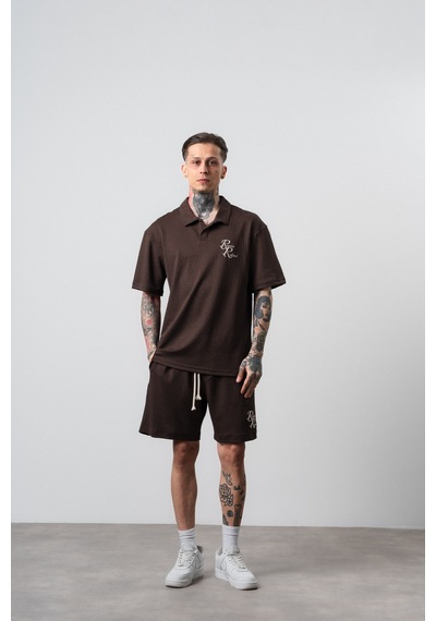 Erkek Respire Relined Yazılı Regular Fit T-shirt Şort Takım Kahve Kahverengi