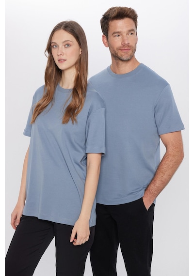 Tudors Unisex Relax Fit Rahat Kesim %100 Pamuk Yumuşak Dokulu Basic Bisiklet Yaka Mavi Tişört-31475 Mavi
