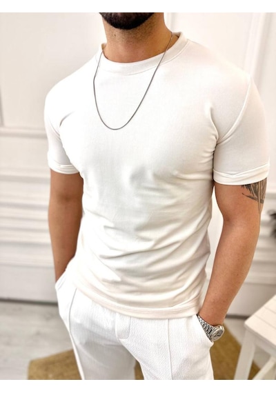 T-shirt Slim Fit Tişört Dar Kesim Kadife Tişört Beyaz
