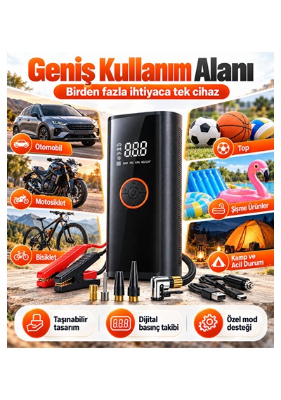 Akü Takviye Cihazı 12v Dijital Hava Kompresörü 16000 Mah Powerbank Otomatik Durdurma Led Sos Çok Amaçlı Şişirme Pompası