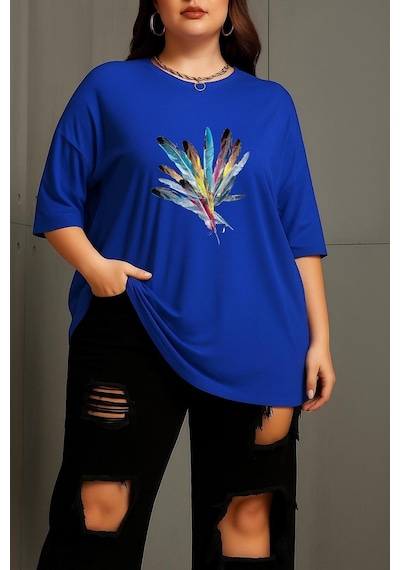 Büyük Beden Renkli Kuş Tüyü Baskılı Unisex Tişört Saks Mavisi