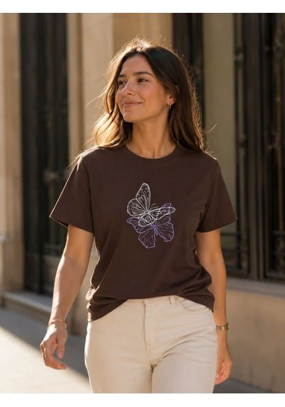 Yubisititch Tshirt Nakış İşlemeli 2li Kelebek- Penye -kahverengi