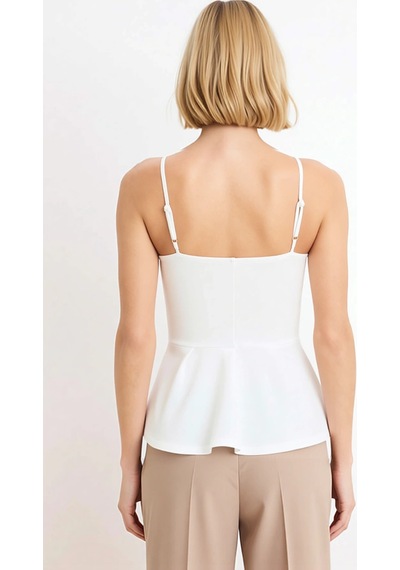 Benerly Kadın Bluz Peplum Kare Yaka İnce Askılı Kolsuz Scuba Krep Dokuma Ekru