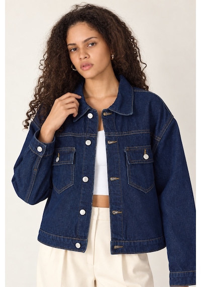 Polo State Kadın Koyu Mavi Çift Cepli Düğmeli Oversize Denim Jean Ceket Lacivert