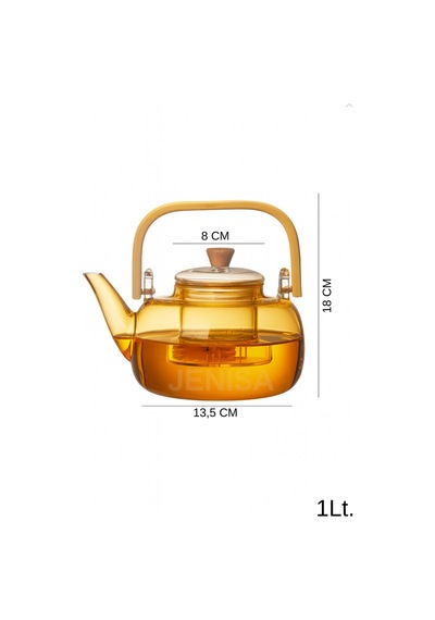 Amber Cam Demlik Ahşap Saplı Cam Filtreli Demlik 1 Litre - Isıya Dayanıklı Cam Bitki Çayı Demlik Amber