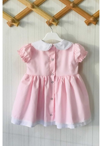 Dantel Detaylı Bebe Yaka Açık Pembe Kız Çocuk Bebek Tasarım Elbise 001