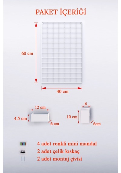40x60 Full Aksesuarlı Metal Fotoğraf Askısı Tel Pano Beyaz 40 x 60 CM