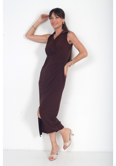 By Saygı Kadın Polo Kruvaze Yaka Drape Detaylı Likralı Midi Elbise Kahve