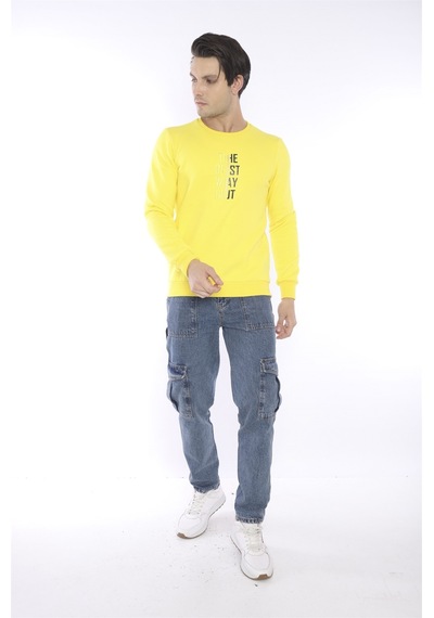 Escetic Erkek Spor Slimfit, Bisiklet Yaka Sarı Sweatshirt-4274